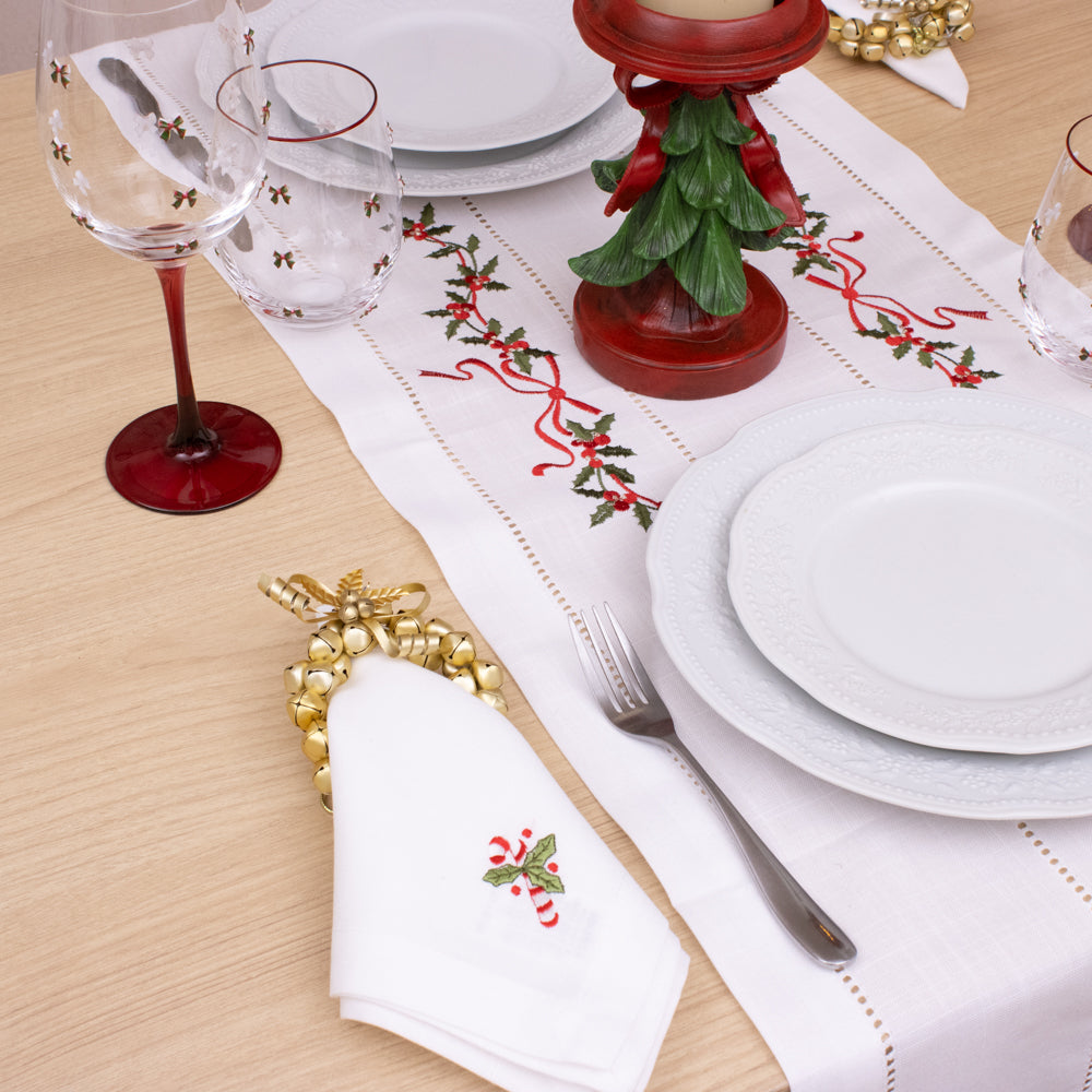 Kit 4 Guardanapos de Mesa Encanto Natalino Branco – Bordado Bengala 40x40cm