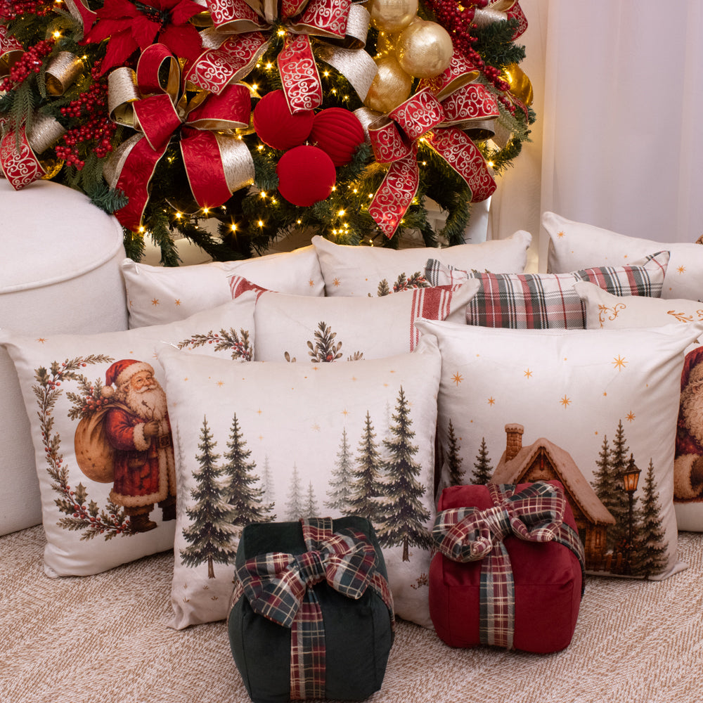 Almofada Presente de Natal Bordô com Laço Xadrez