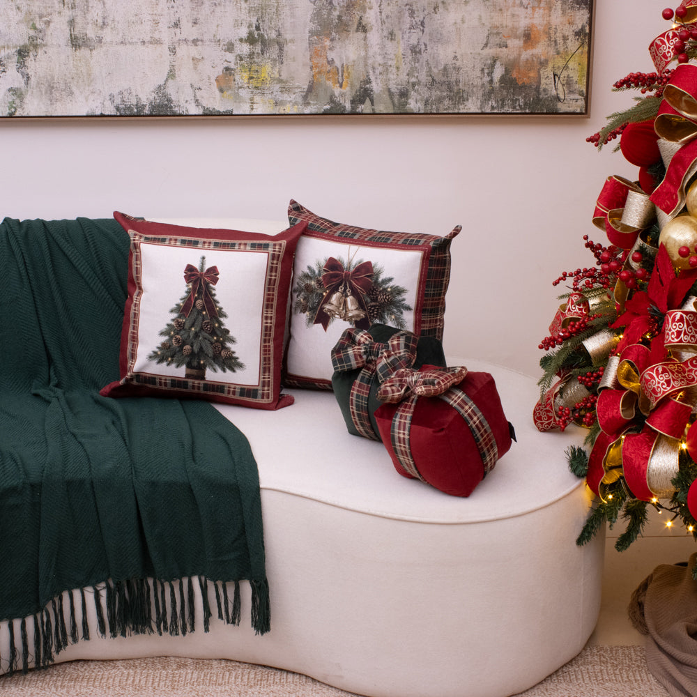 Almofada Presente de Natal Verde com Laço Xadrez