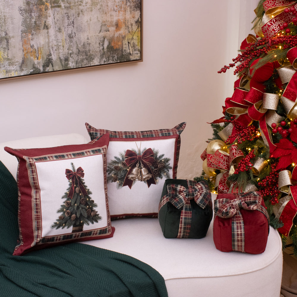 Almofada Presente de Natal Verde com Laço Xadrez