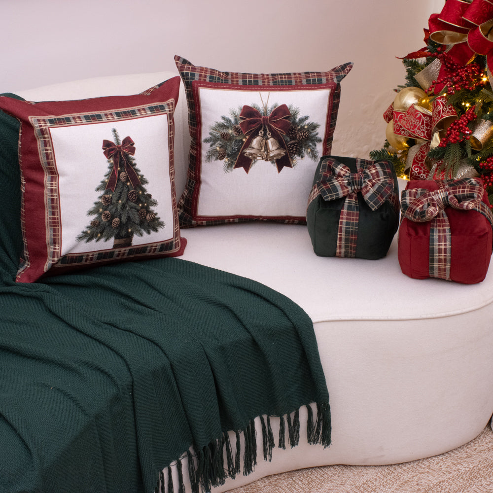 Almofada Presente de Natal Verde com Laço Xadrez