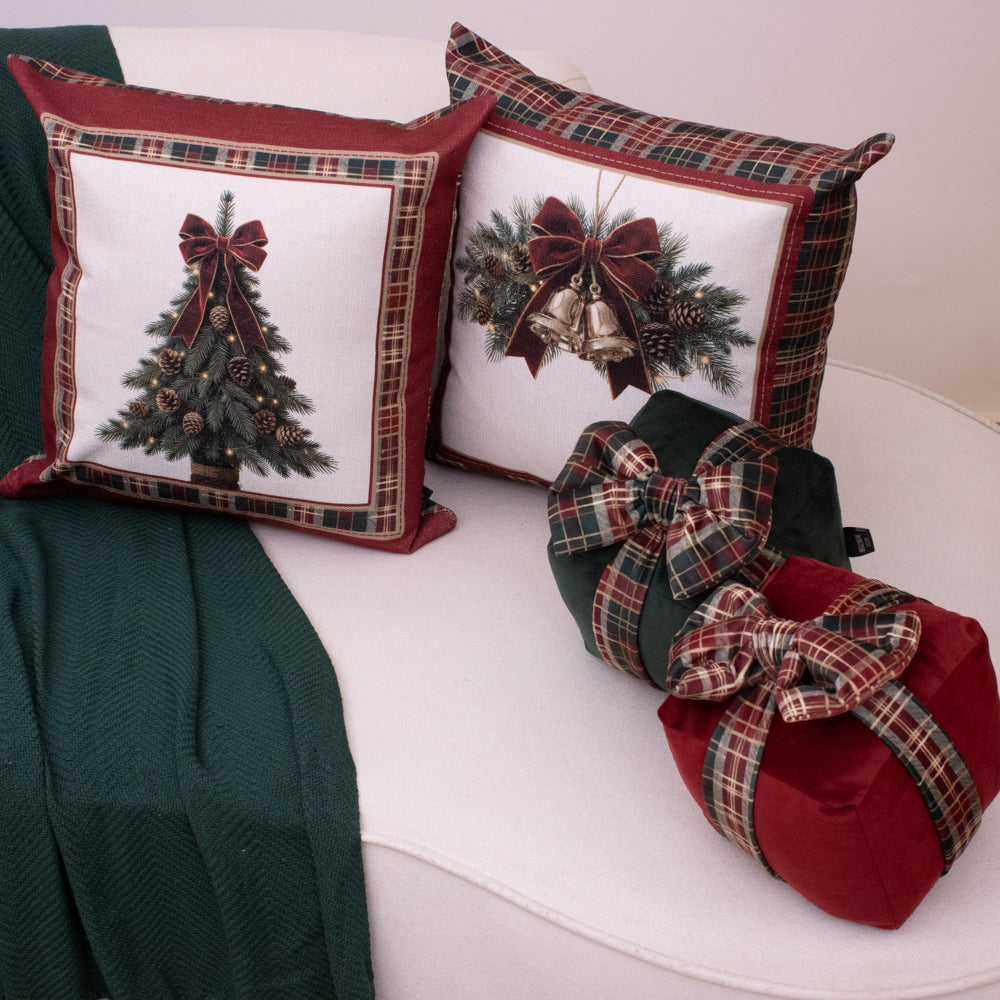 Almofada Presente de Natal Bordô com Laço Xadrez