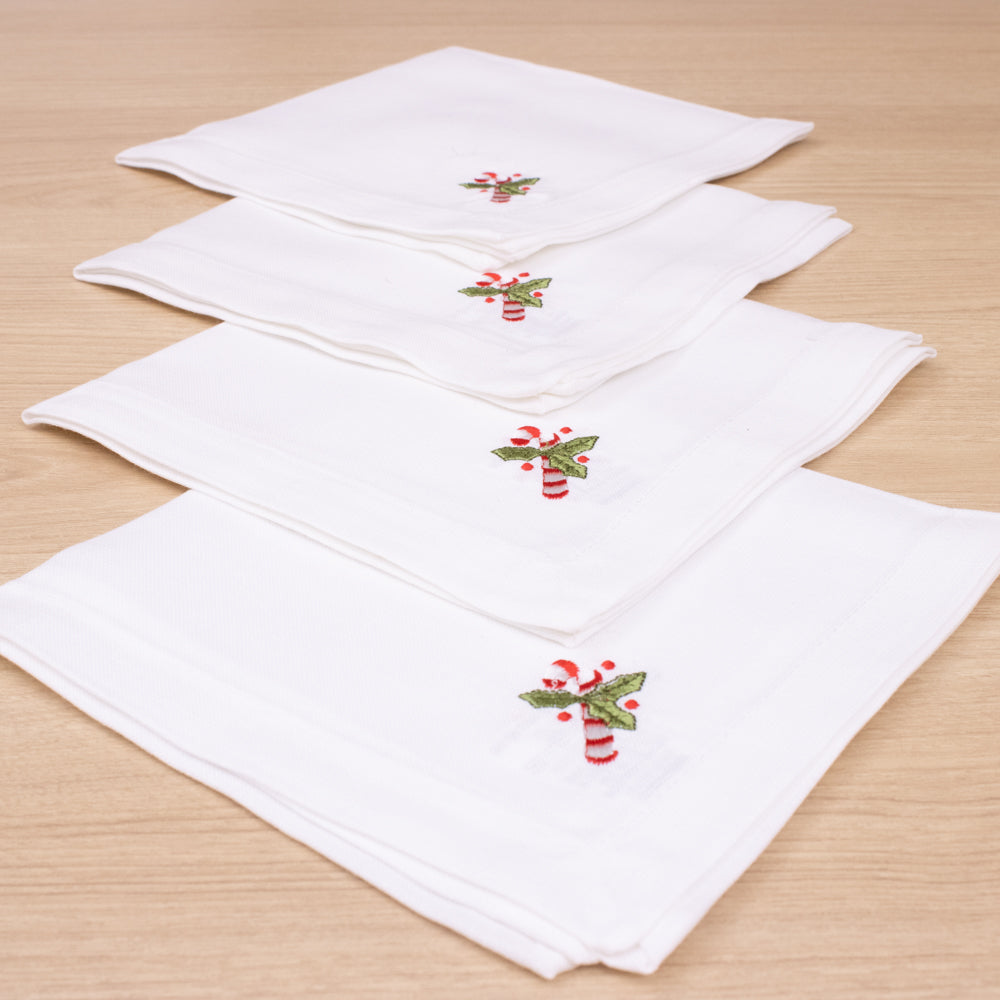 Kit 4 Guardanapos de Mesa Encanto Natalino Branco – Bordado Bengala 40x40cm