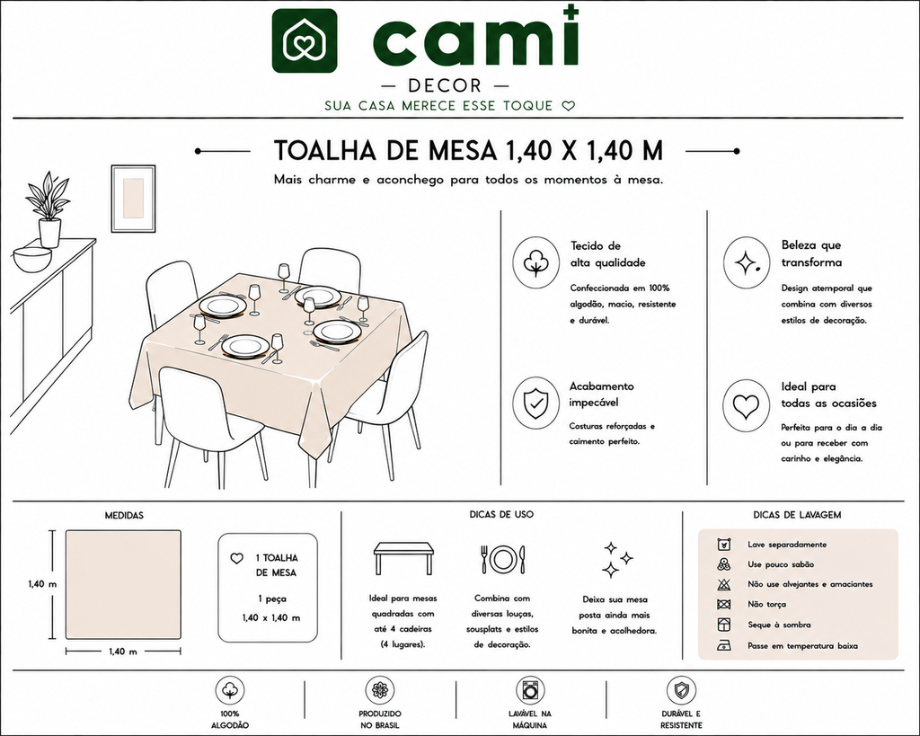 Toalha de Mesa Xadrez 1.40x1.40 m - Bege
