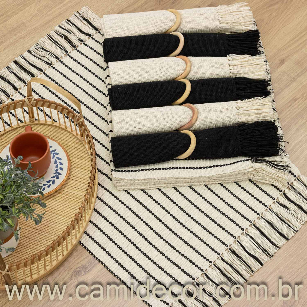 Jogo Americano LISTRADO para 6 lugares - Cru e Preto