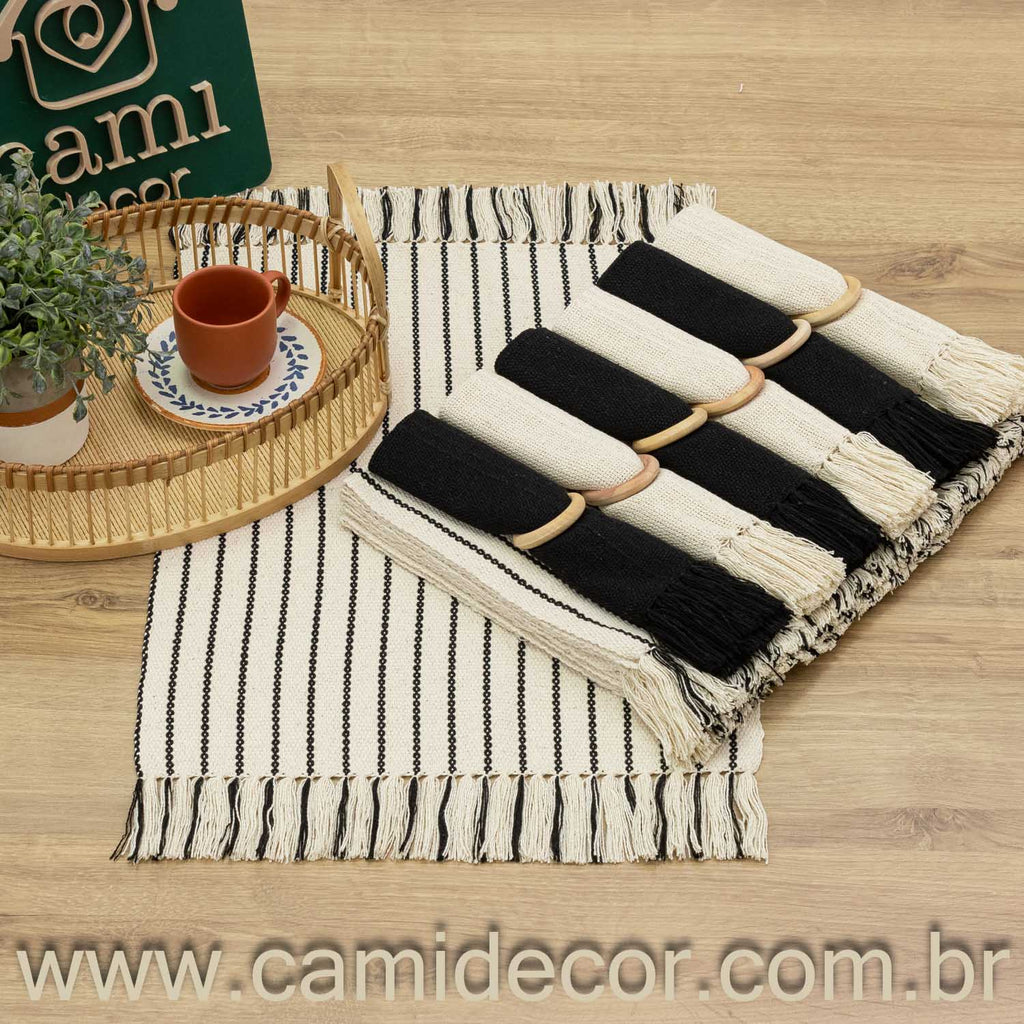 Jogo Americano LISTRADO para 6 lugares - Cru e Preto