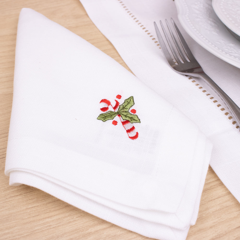 Kit 4 Guardanapos de Mesa Encanto Natalino Branco – Bordado Bengala 40x40cm
