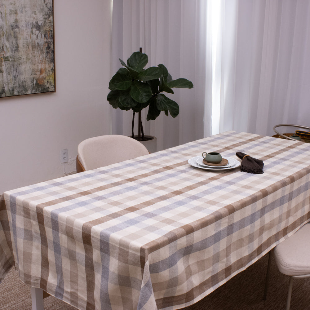 Toalha de Mesa Xadrez 1.40x2.50 m - Cinza e Bege