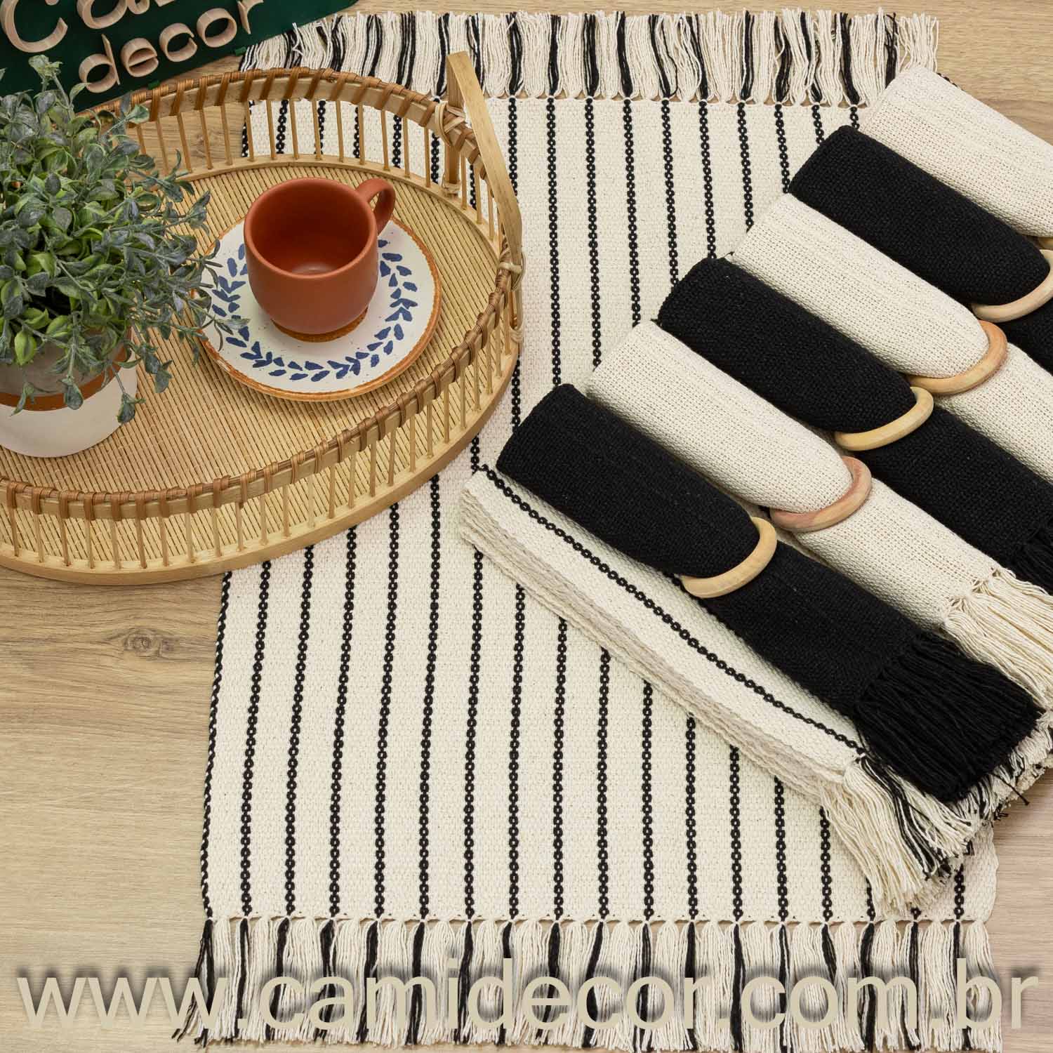 Jogo Americano LISTRADO para 6 lugares - Cru e Preto