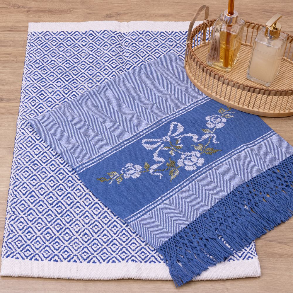 Jogo de Lavabo Bordado à Mão com 2 Peças - Azul