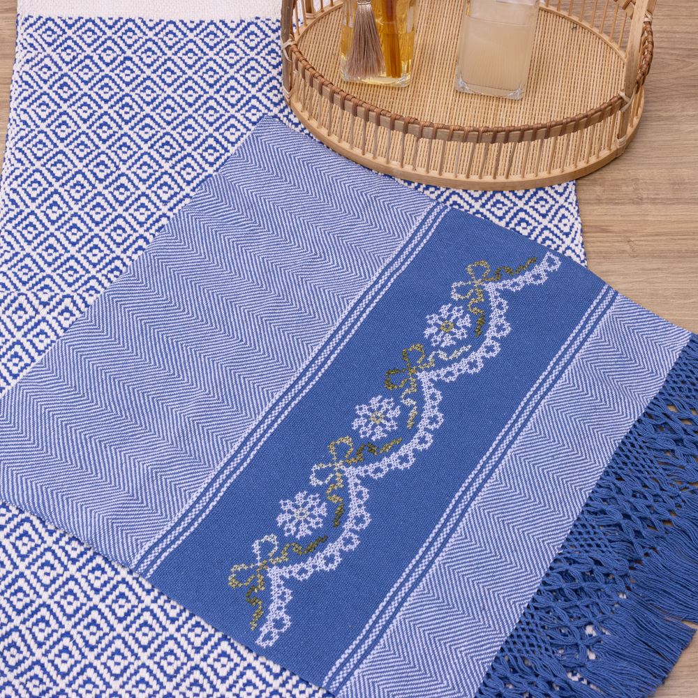 Jogo de Lavabo Bordado à Mão com 2 Peças - Azul