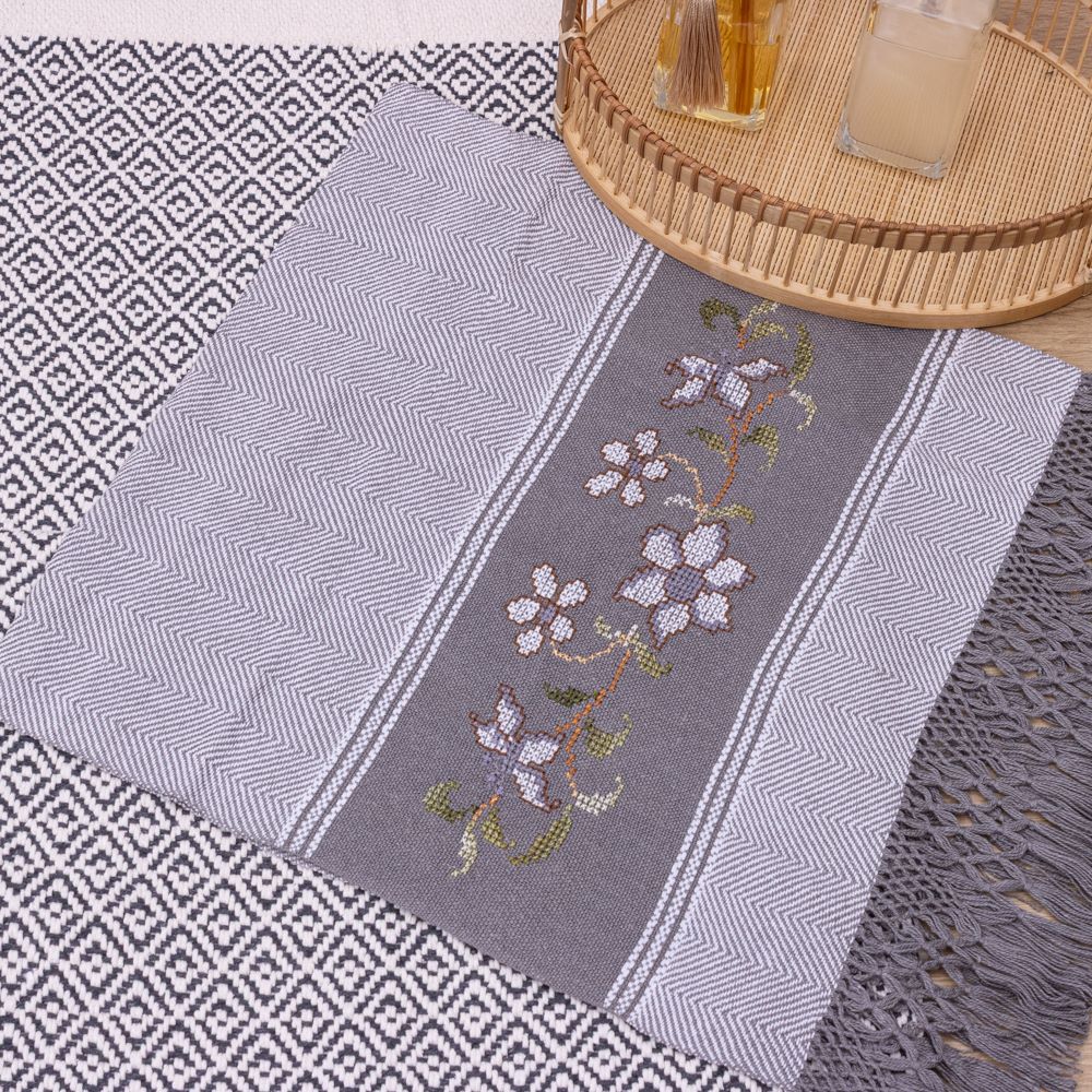 Jogo de Lavabo Bordado à Mão com 2 Peças - Cinza Escuro