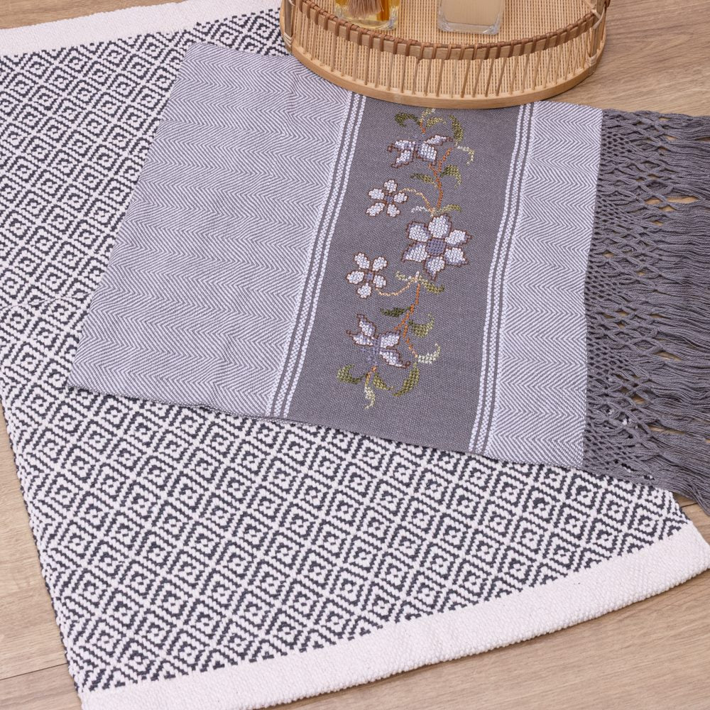 Jogo de Lavabo Bordado à Mão com 2 Peças - Cinza Escuro