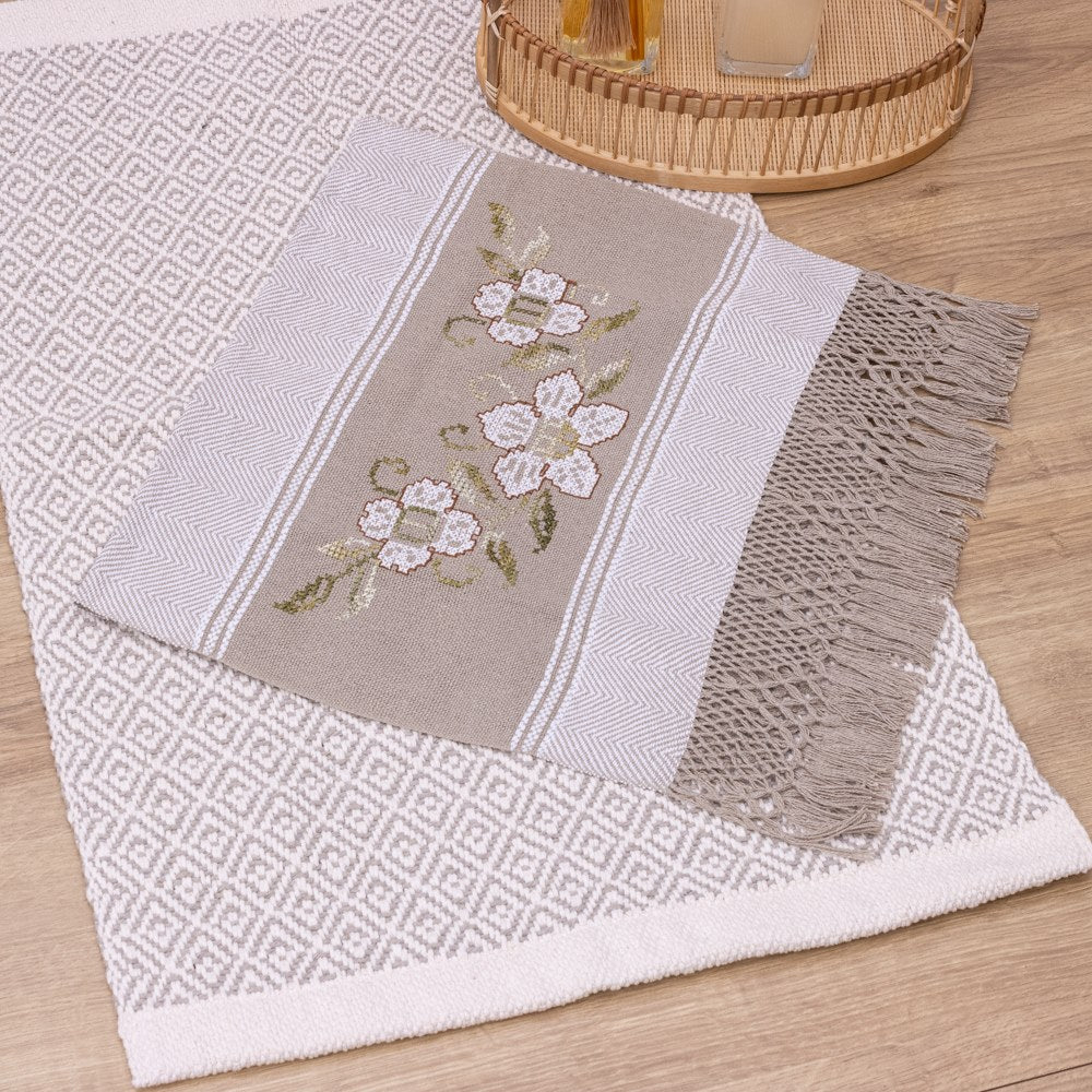 Jogo de Lavabo Bordado à Mão com 2 Peças - Cinza (Flores)