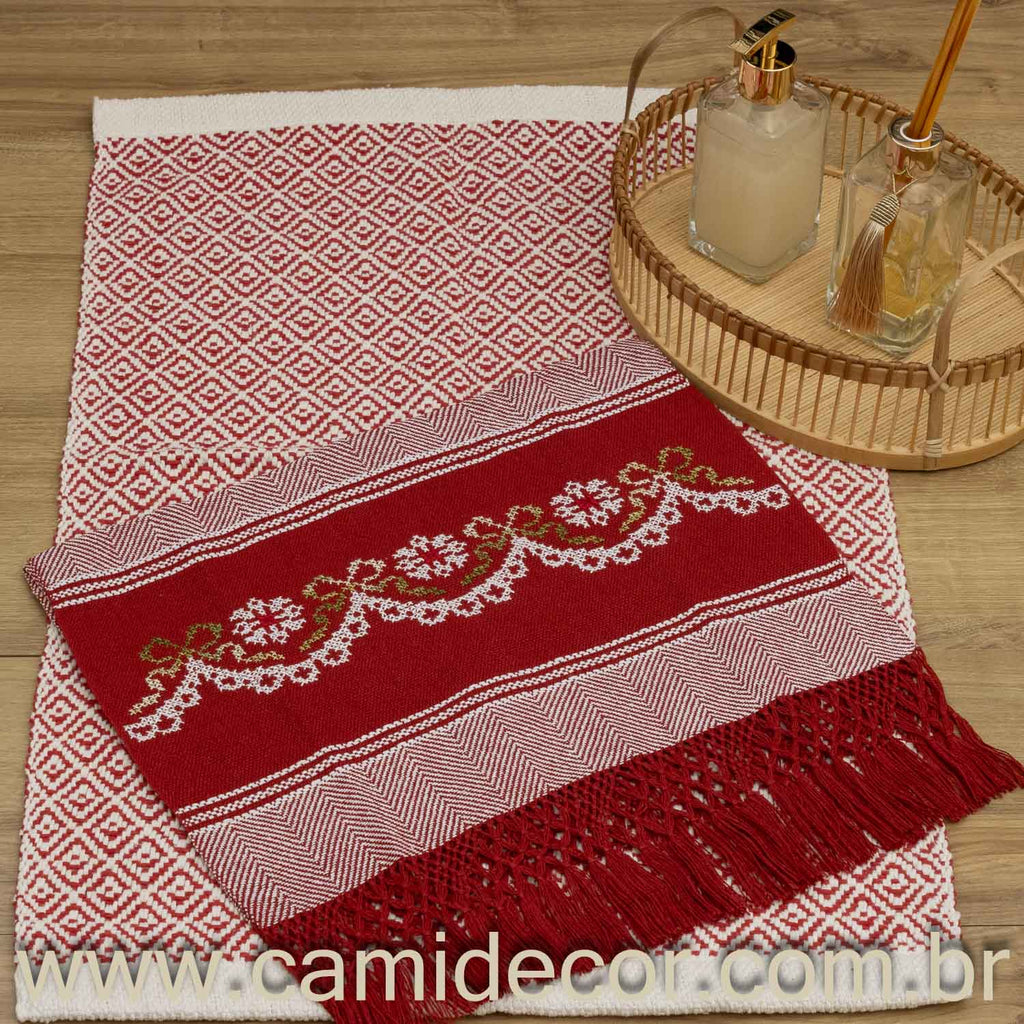 Jogo de Lavabo em Algodão Bordado com 2 Peças - Vermelho