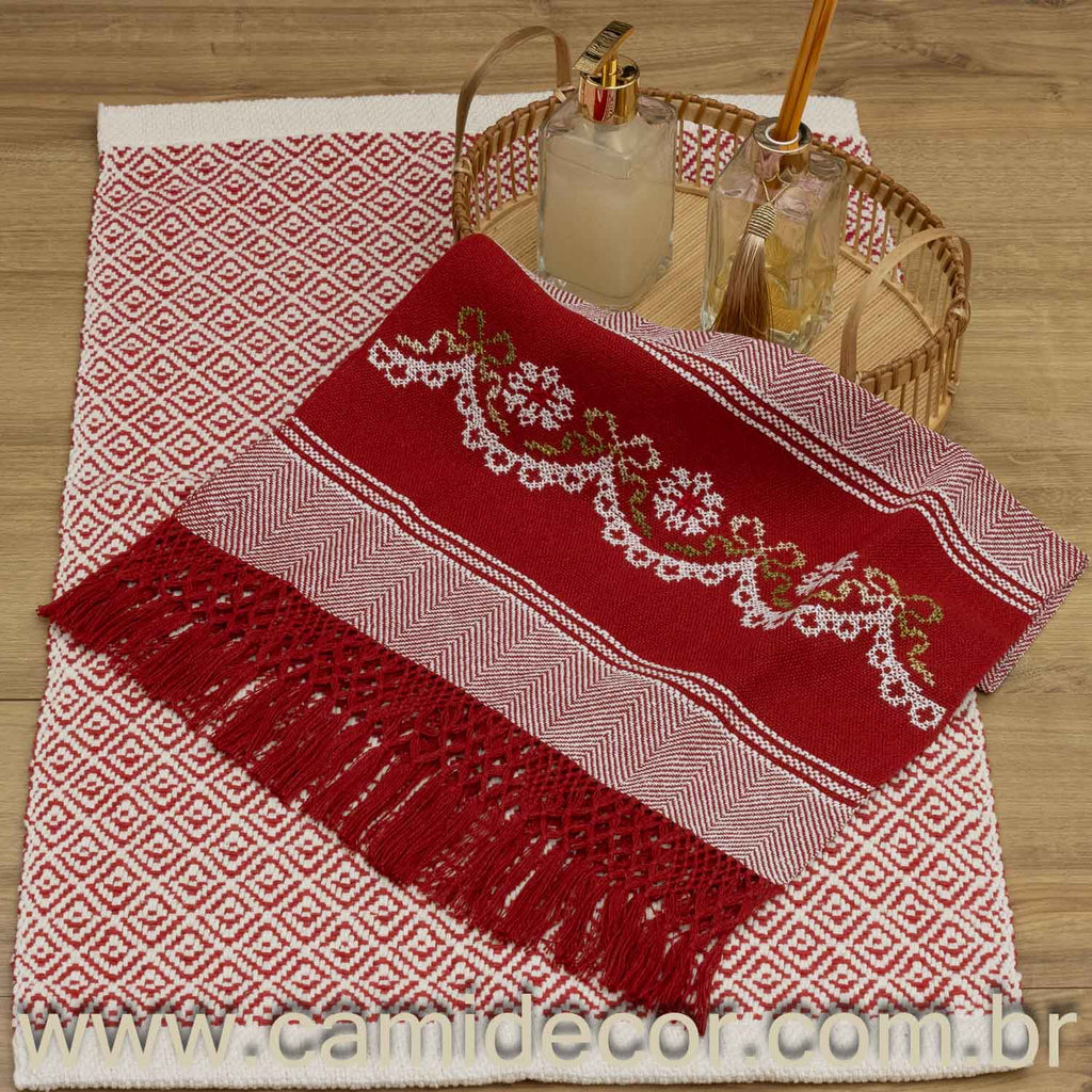 Jogo de Lavabo em Algodão Bordado com 2 Peças - Vermelho