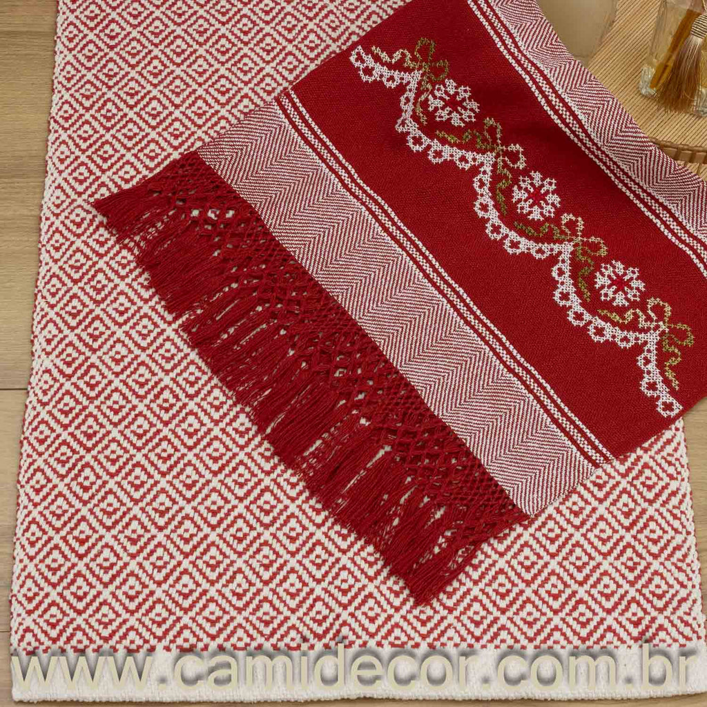 Jogo de Lavabo em Algodão Bordado com 2 Peças - Vermelho