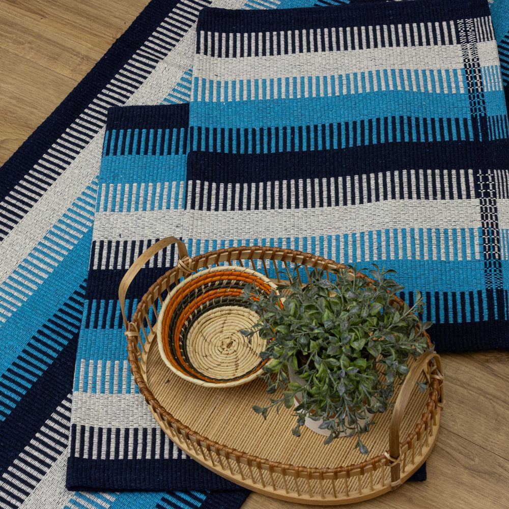 Jogo de Passadeira 2,50M Zurick Listrado com 3 peças - Azul Claro e Escuro