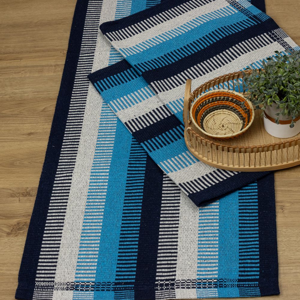 Jogo de Passadeira 2,50M Zurick Listrado com 3 peças - Azul Claro e Escuro