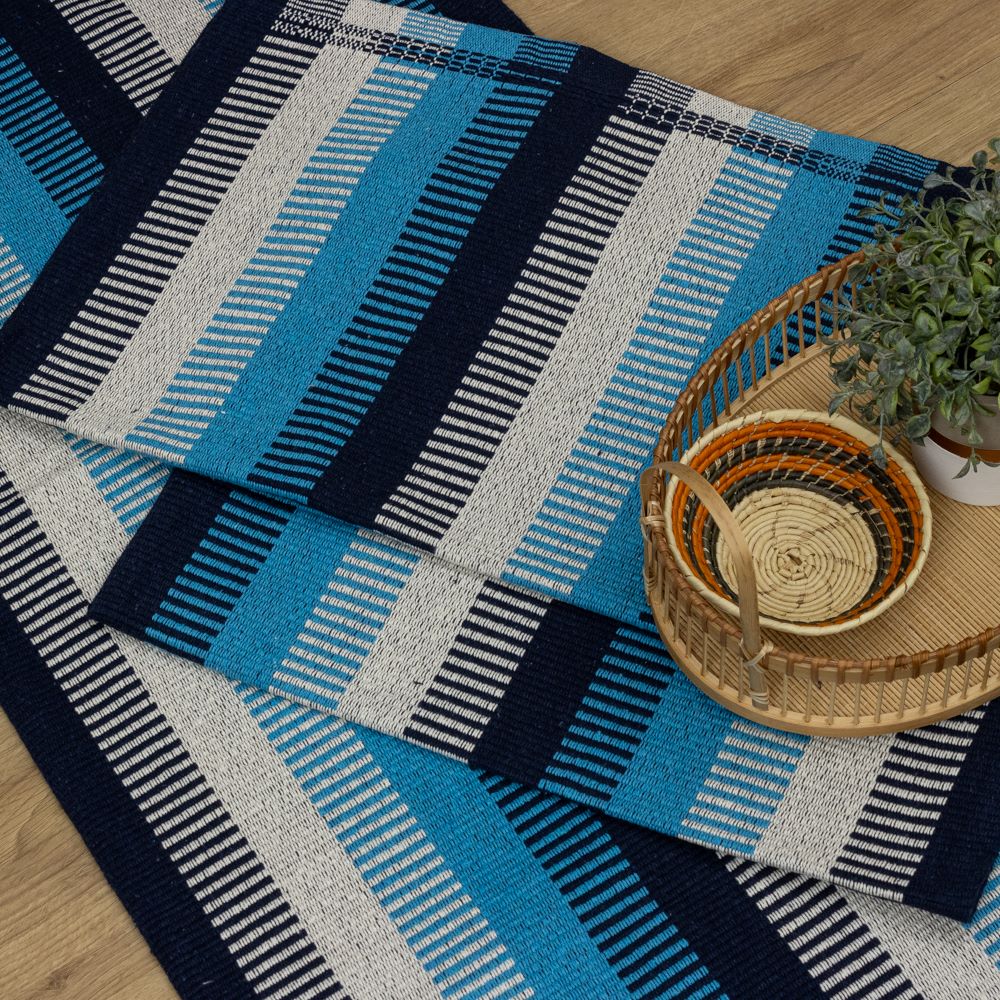 Jogo de Passadeira 2,50M Zurick Listrado com 3 peças - Azul Claro e Escuro