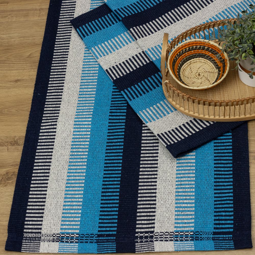 Jogo de Passadeira 2,50M Zurick Listrado com 3 peças - Azul Claro e Escuro