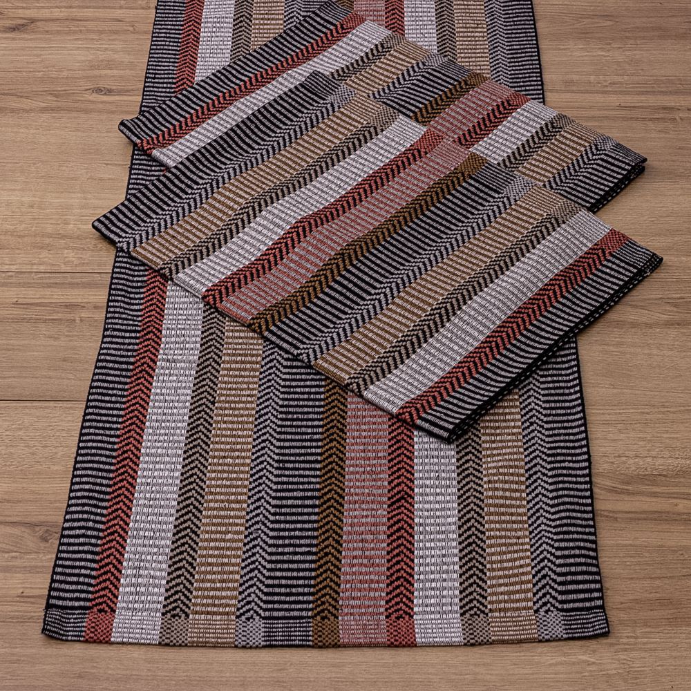 Jogo de Passadeira Zurick Listrado com 3 peças - Preto, Terracota e Bege