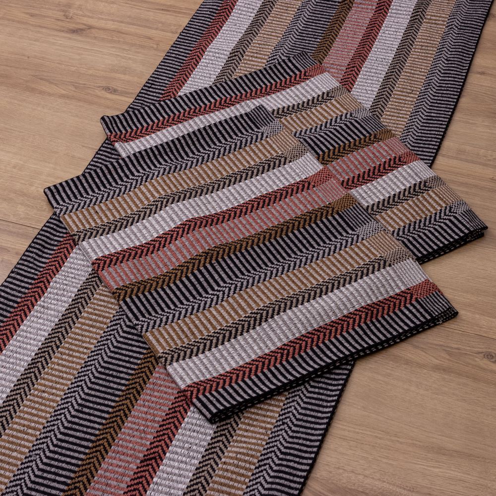 Jogo de Passadeira Zurick Listrado com 3 peças - Preto, Terracota e Bege