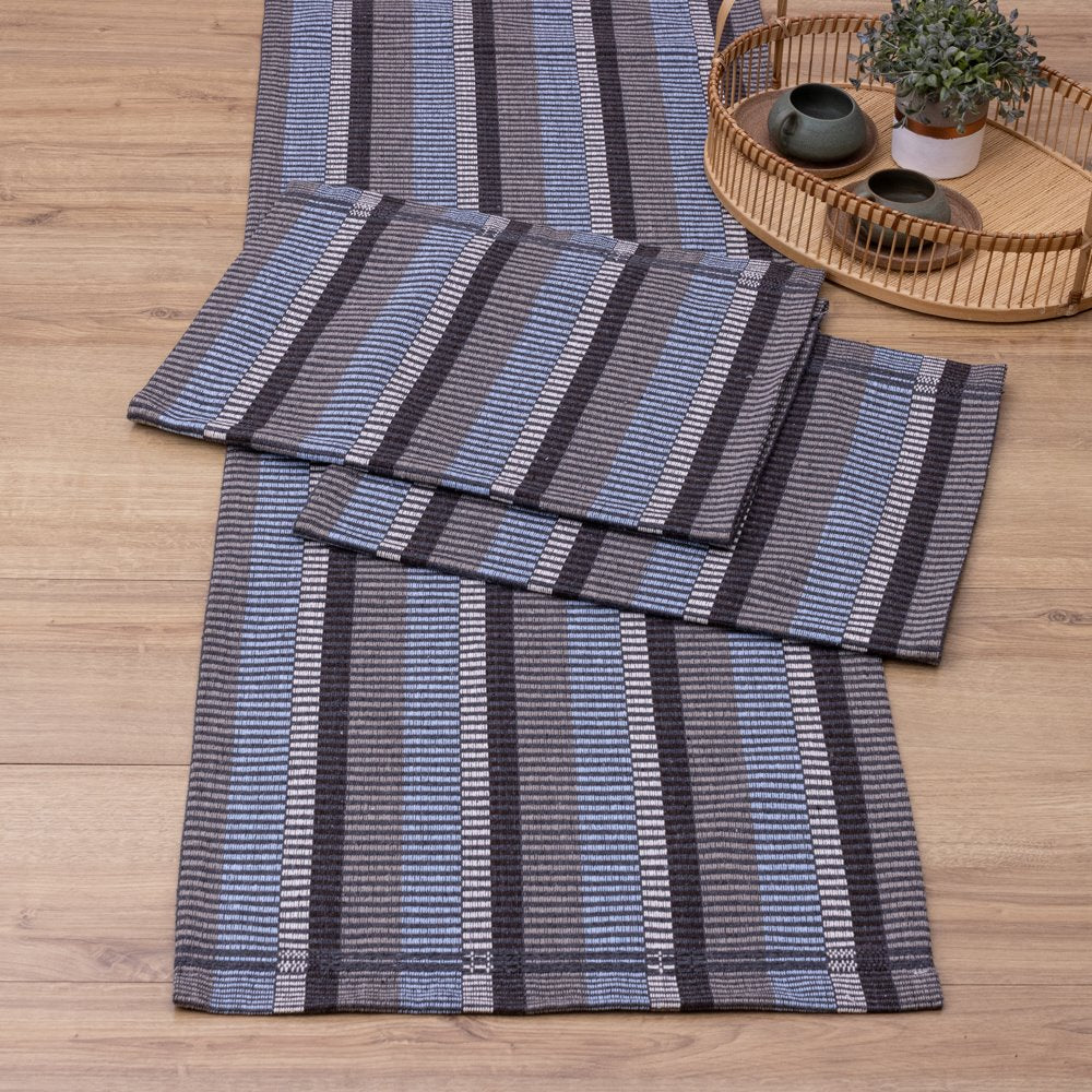 Jogo de Passadeira Zurick Listrado com 3 peças - Cinza, Preto e Azul