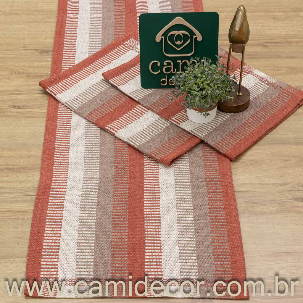 Jogo de Passadeira Zurick Listrado com 3 peças - Terracota