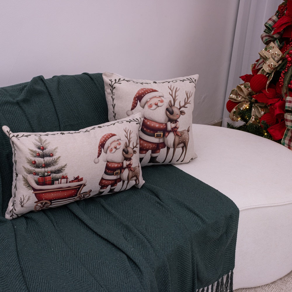 Kit com 2 Capas Almofadas em Linho Natal - Noel &amp; Rena