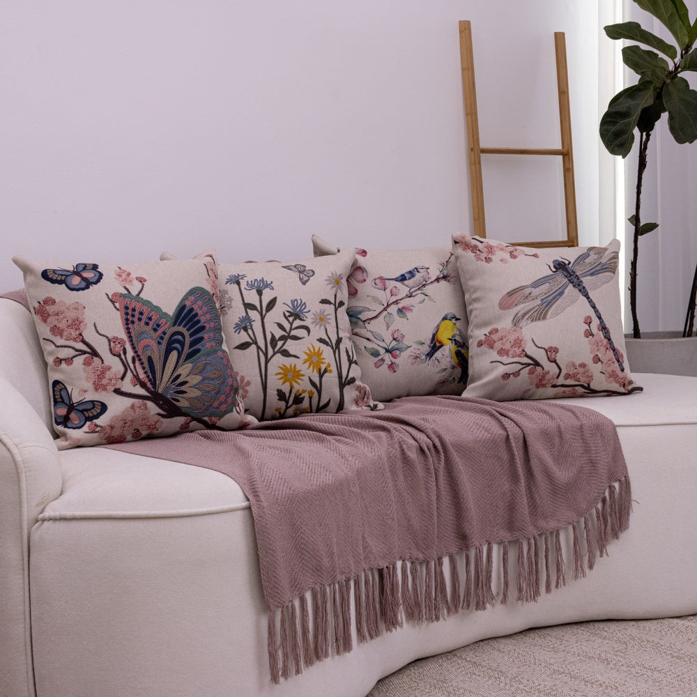 Kit com 4 Capas de Almofadas 43x43 - Linho Borboletas e Flores