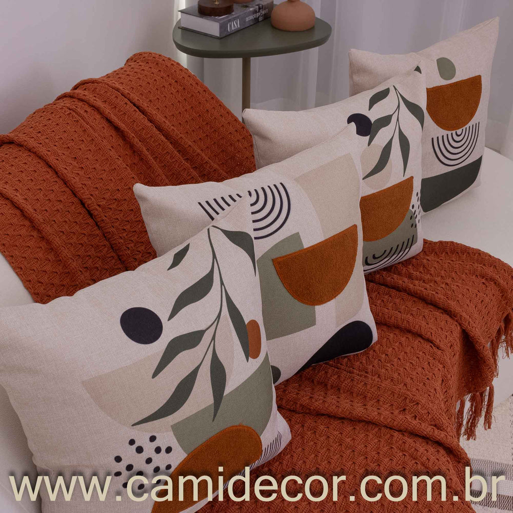 Kit com 4 Capas de Almofadas 43x43 - Linho com Aplicação Bouclé Floral e Geométrico