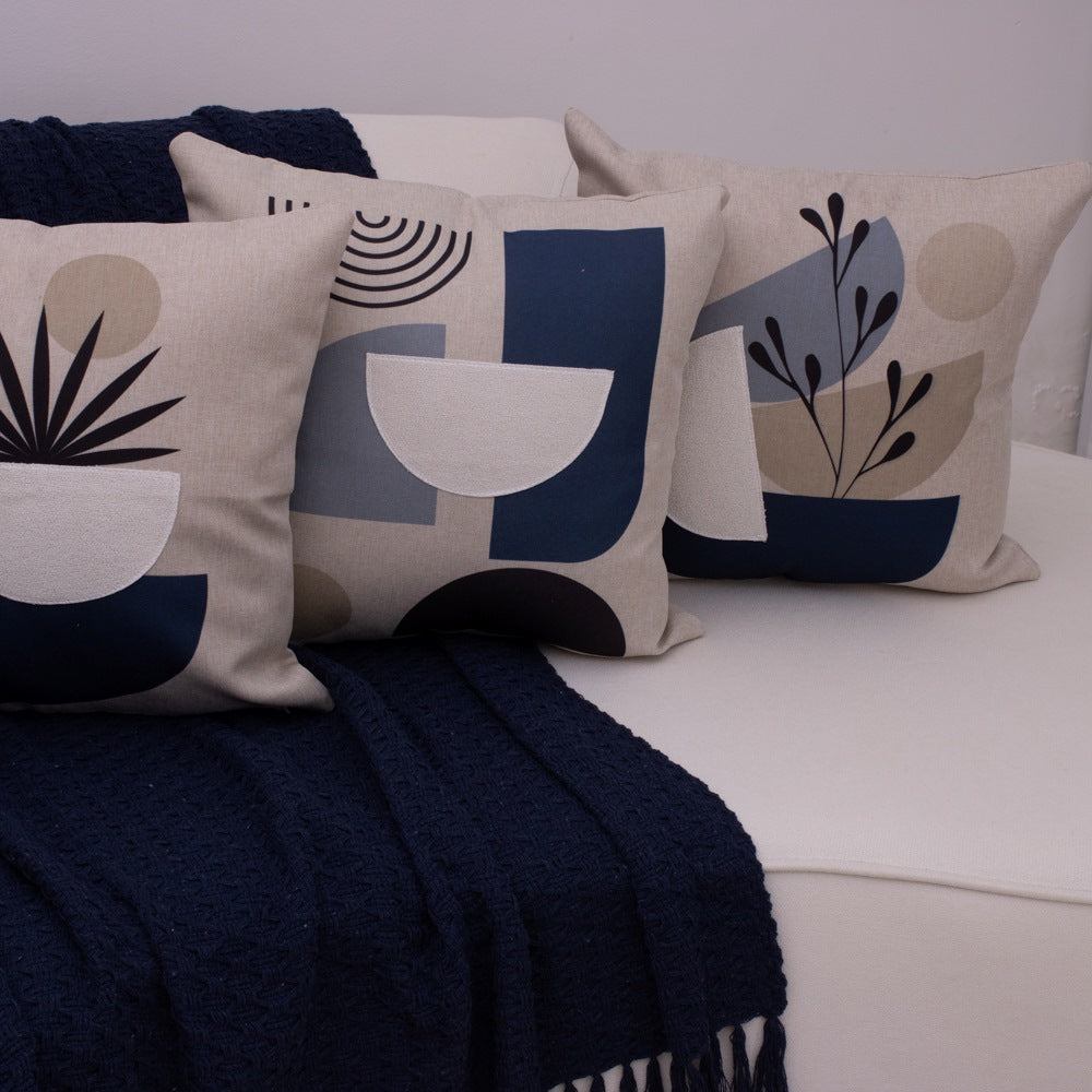 Kit com 4 Capas de Almofadas 43x43 - Linho com Aplicação Bouclé Azul Contemporâneo