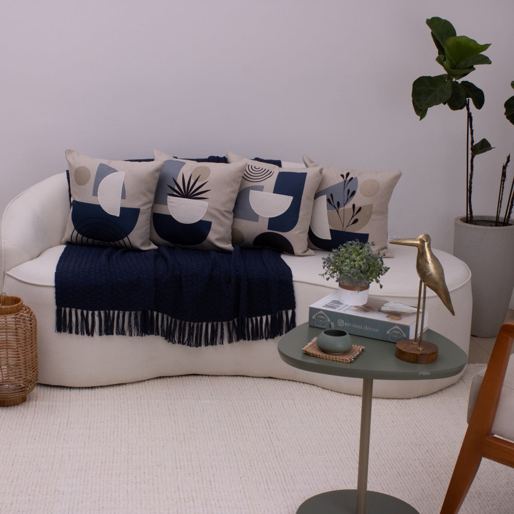 Kit com 4 Capas de Almofadas 43x43 - Linho com Aplicação Bouclé Azul Contemporâneo