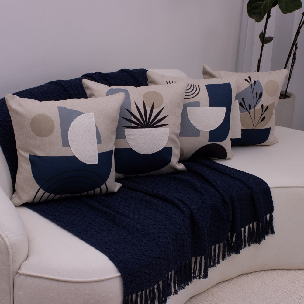 Kit com 4 Capas de Almofadas 43x43 - Linho com Aplicação Bouclé Azul Contemporâneo