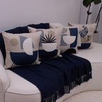 Kit com 4 Capas de Almofadas 43x43 - Linho com Aplicação Bouclé Azul Contemporâneo