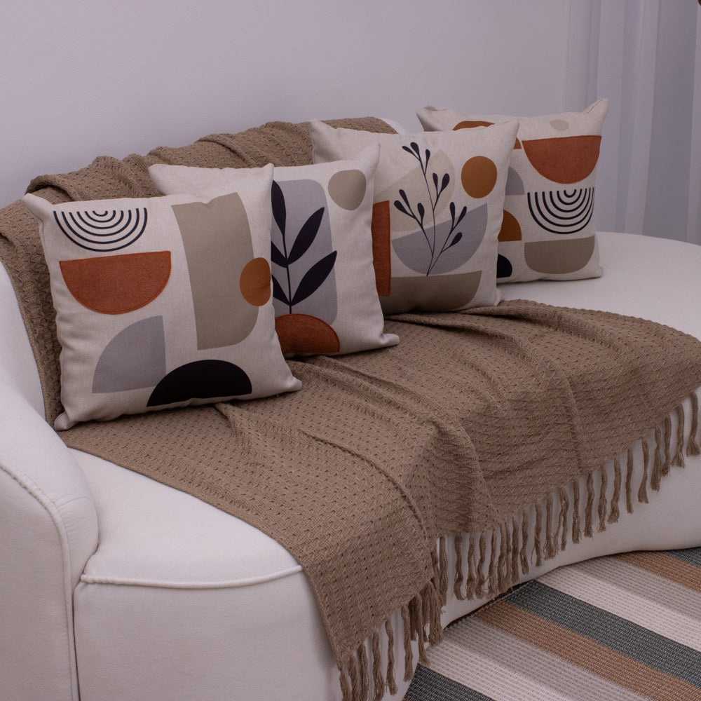 Kit com 4 Capas de Almofadas 43x43 - Linho com Aplicação em Bouclé Kit Natureza Moderna