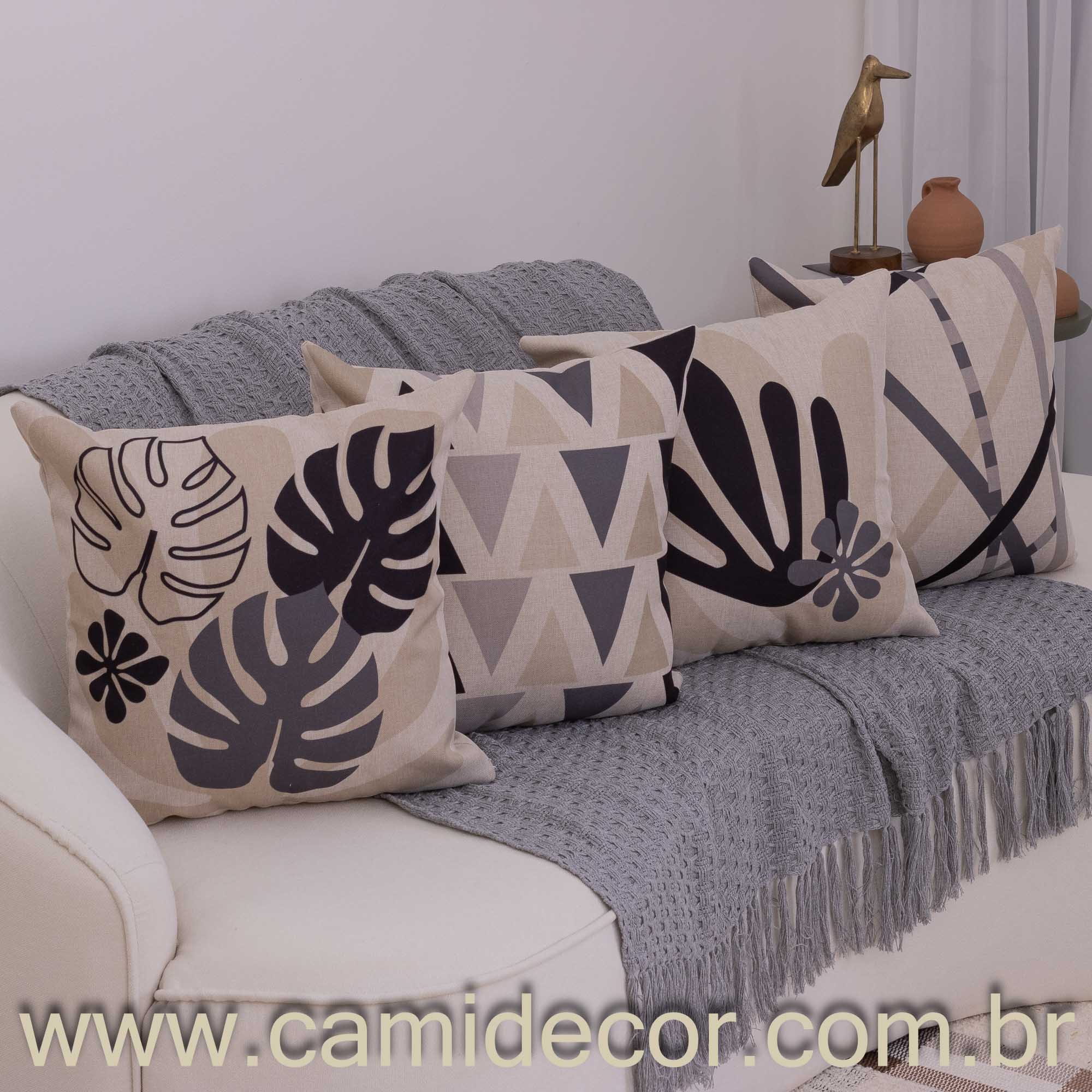 Kit com 4 Capas de Almofadas 43x43 - Linho Folhagens e Formas Abstratas