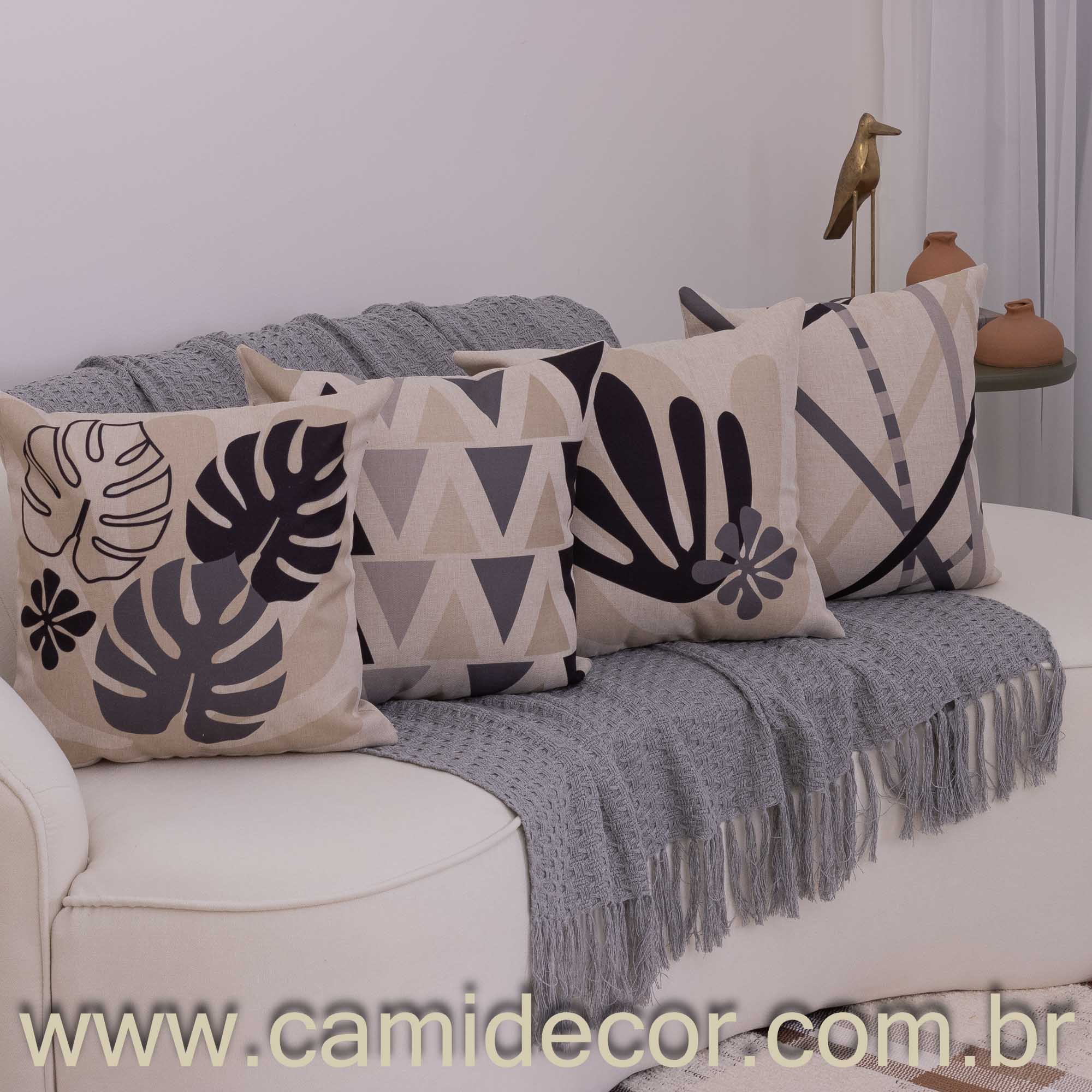Kit com 4 Capas de Almofadas 43x43 - Linho Folhagens e Formas Abstratas