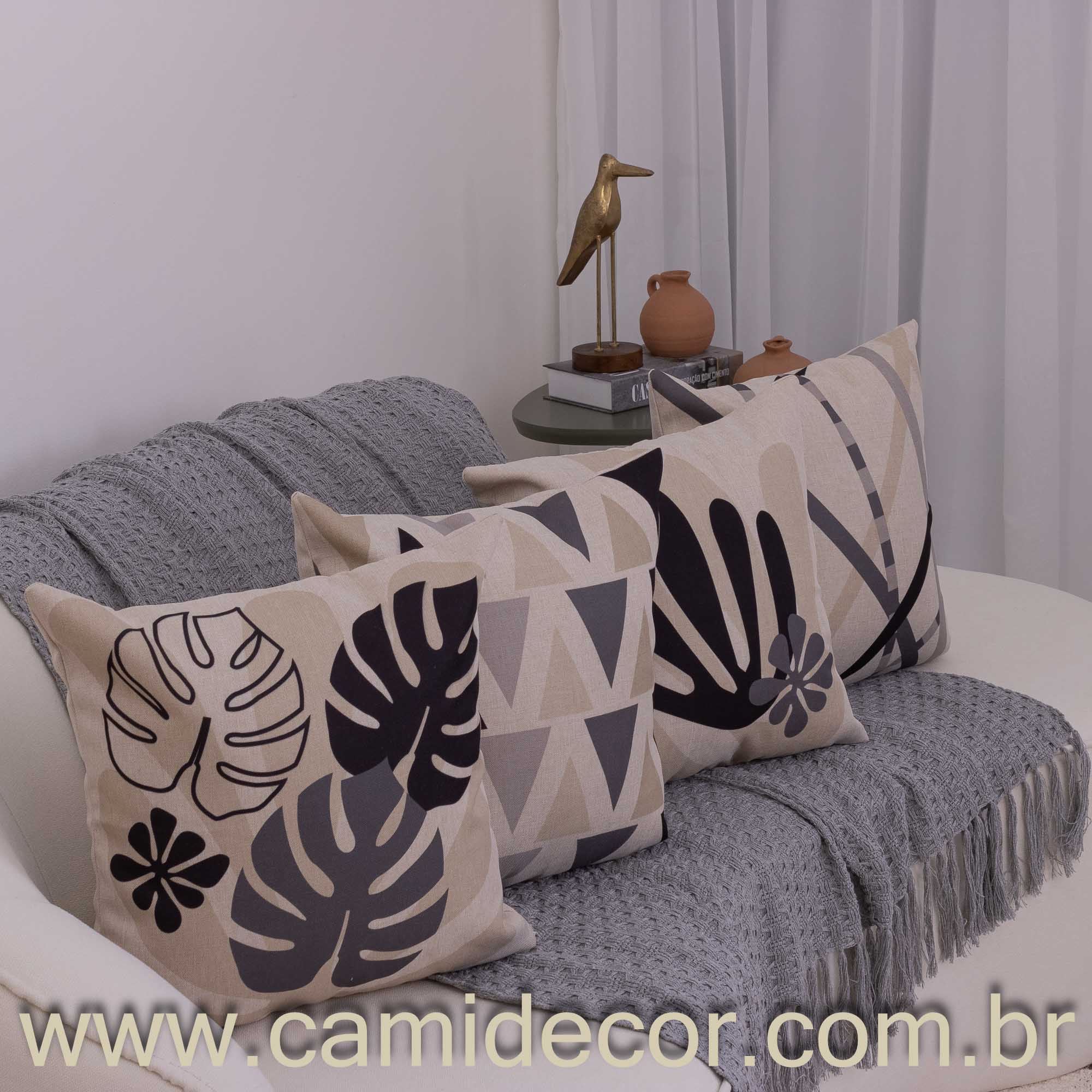 Kit com 4 Capas de Almofadas 43x43 - Linho Folhagens e Formas Abstratas