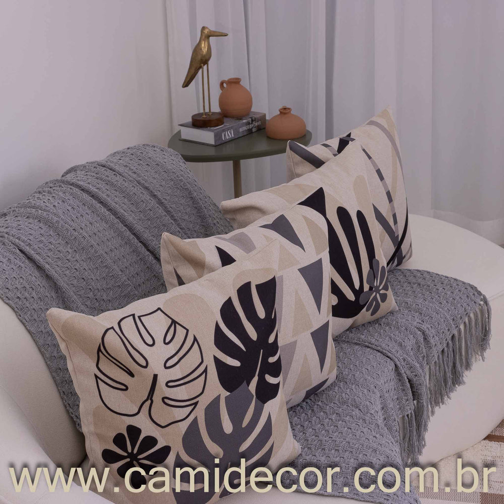 Kit com 4 Capas de Almofadas 43x43 - Linho Folhagens e Formas Abstratas