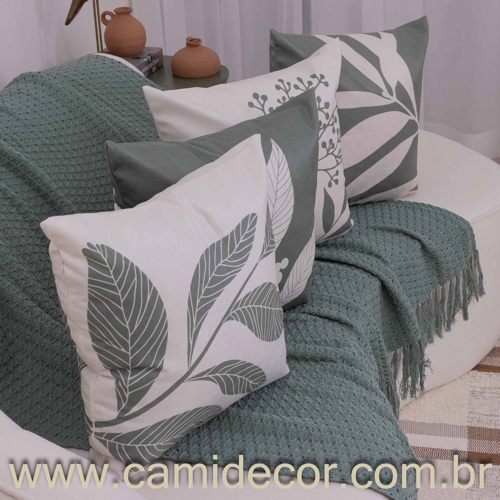 Kit com 4 Capas de Almofadas 45x45 - Suede Folhagens Botânicas