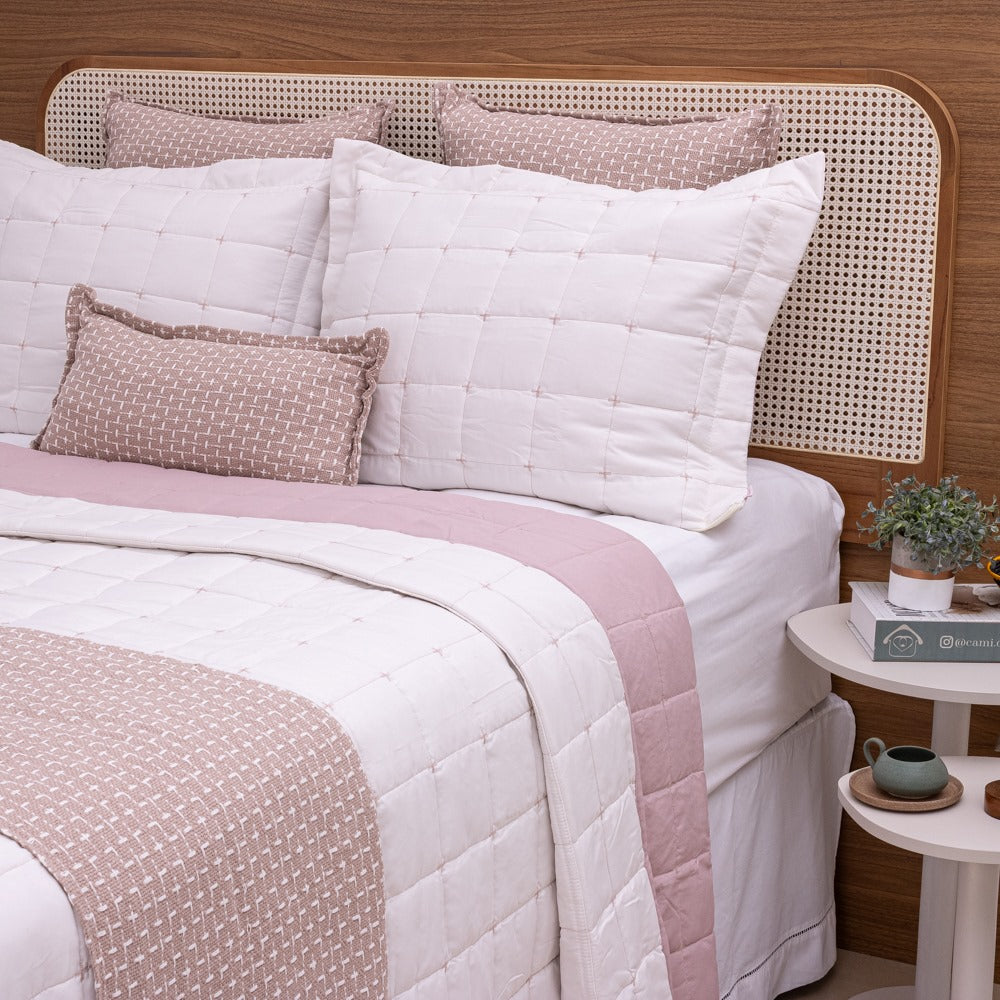Kit Completo DIARA Cama Posta KING - Rosa e Off White, 7 Peças Dupla Face (2,60x2,80m)