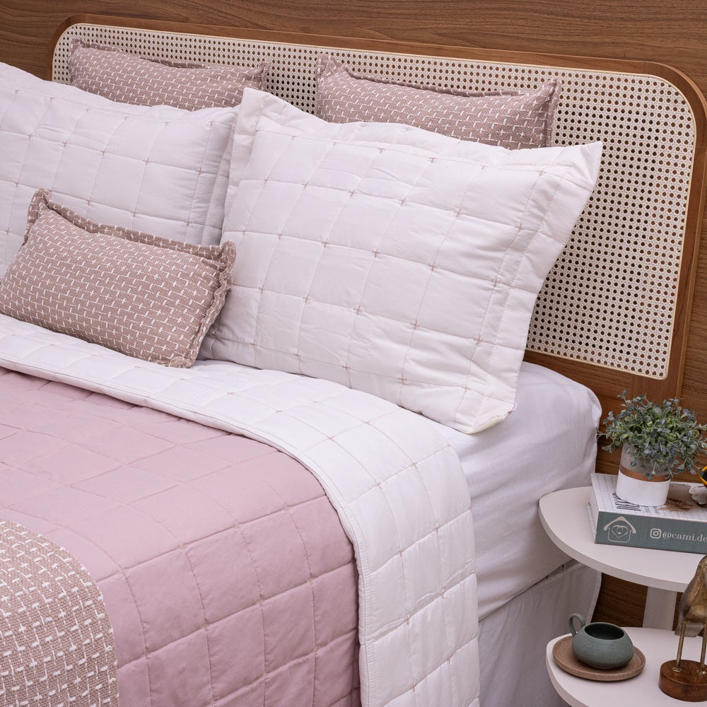 Kit Completo DIARA Cama Posta QUEEN - Rosa e Off White, 7 Peças Dupla Face (2,40x2,60m)