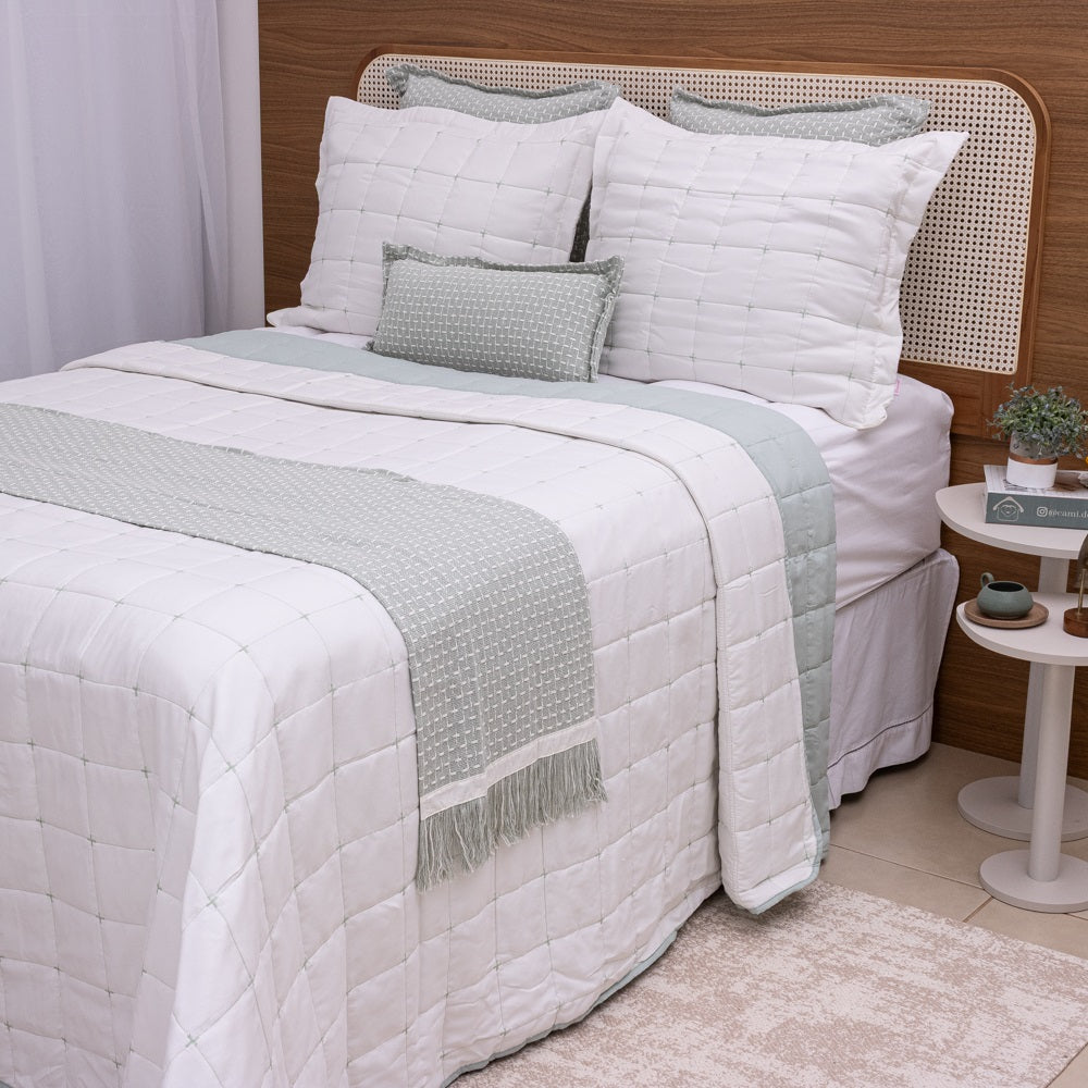 Kit Completo DIARA Cama Posta QUEEN - Verde Malva, 7 Peças Dupla Face (2,40x2,60m)