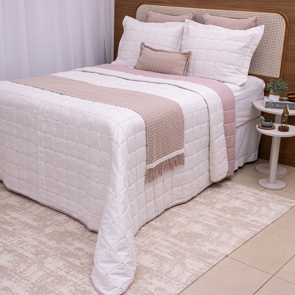 Kit Completo DIARA Cama Posta SUPER KING - Rosa e Off White, 7 Peças Dupla Face (2,75x3,0m)