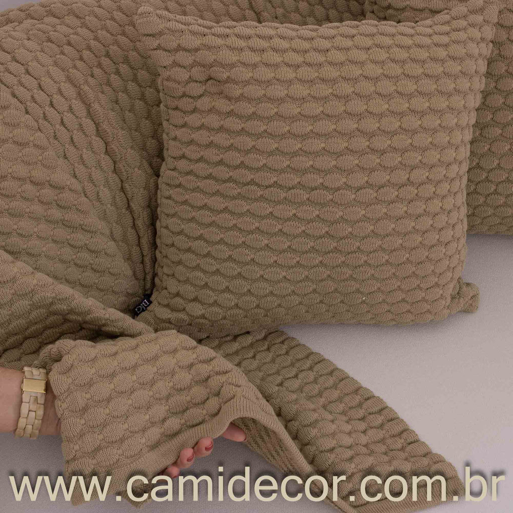 Kit Peseira e Capas Almofadas em Tricô Bublles 70 x 2,20 - Bege