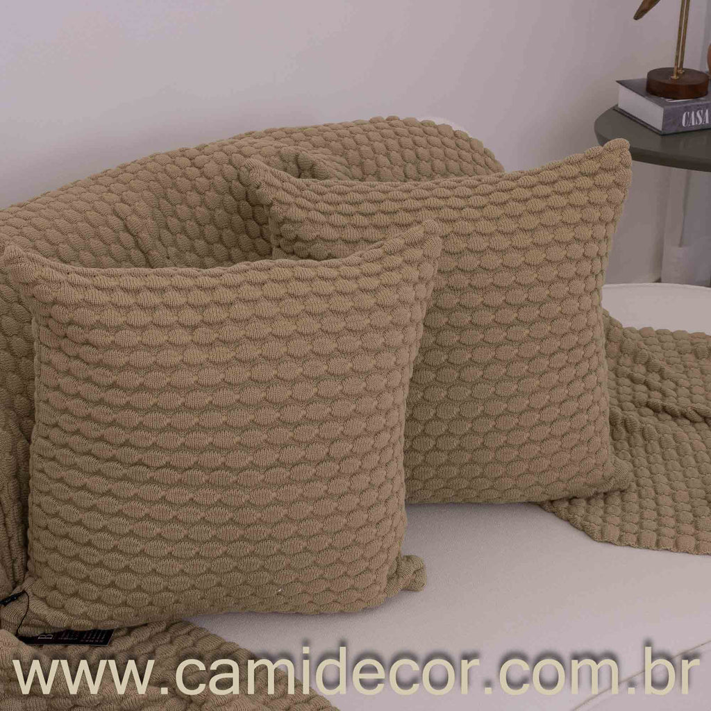 Kit Peseira e Capas Almofadas em Tricô Bublles 70 x 2,20 - Bege