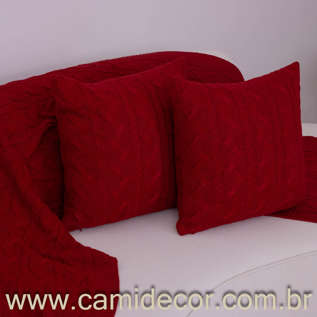Kit Peseira e Capas Almofadas em Tricô Predileta 70 x 2,20 - Vermelho