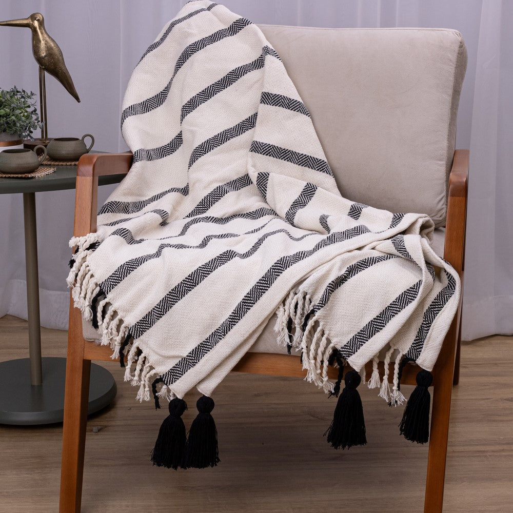 Manta Boho em algodão 1,20 x 1,80  Cru e Preto